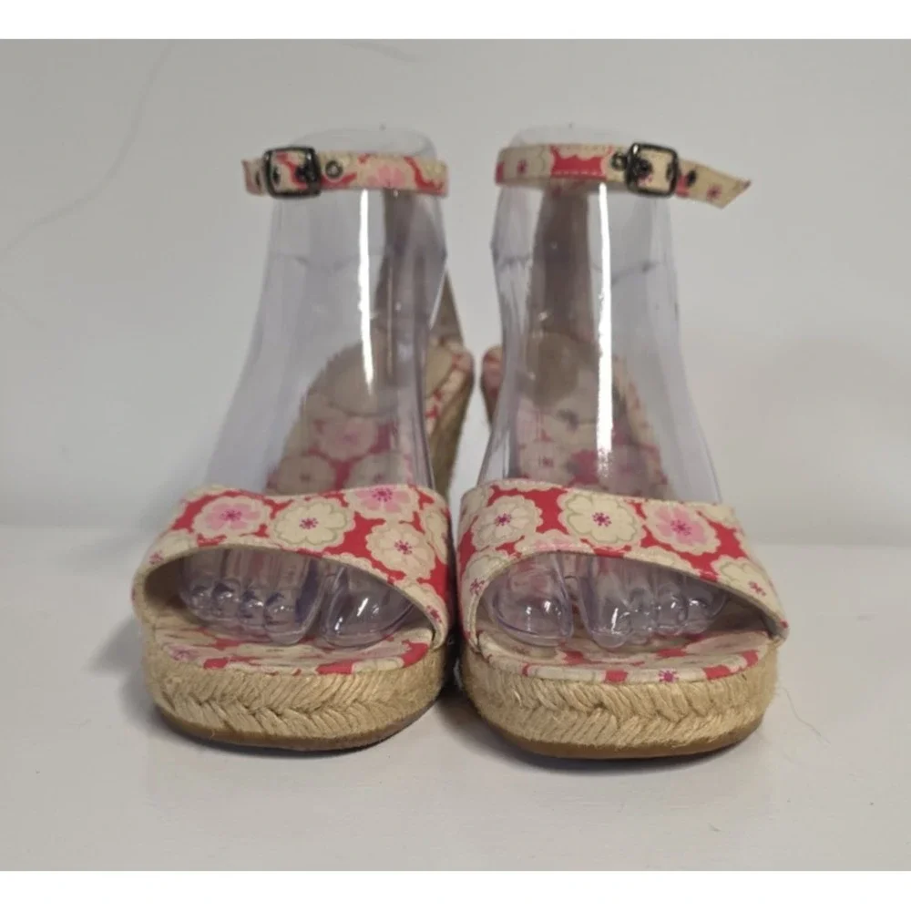 J Crew Womens 9 Espadrille Wedge Heels Floral Canvas Ankle Strap Sandals Pink